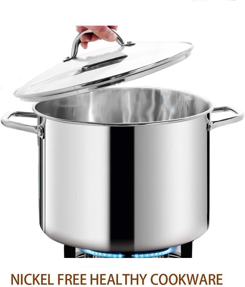 12 Quart LARGE Stock Pot with Glass Lid (12 Quarts / Mirror Polished Stainless Steel)