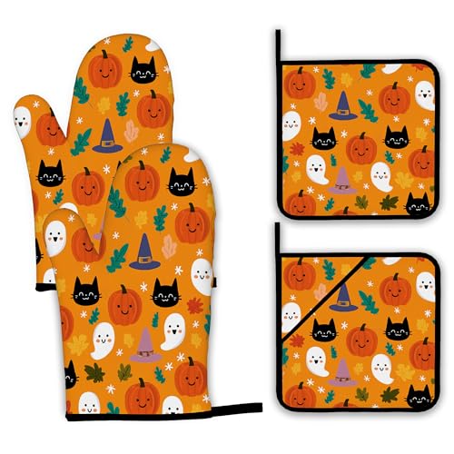 Halloween Pumpkins Oven Mitts and Pot Holders Set (Halloween Pumpkins Ghosts Black Cats)