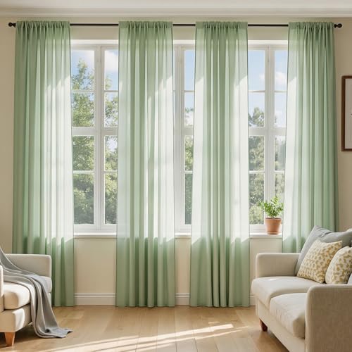 Sage Green Sheer Curtains 90 Inches Long 4 Panels 54 x 90 Inches (54"W x 90"L (Pack of 4) / Sage Green)