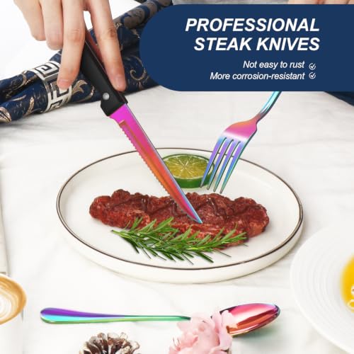 24 Piece Rainbow Silverware Set with Steak Knives Black Stainless Steel Flatware Set for 4 Food Grade Tableware Cutlery Set Rust (24Pcs-A)