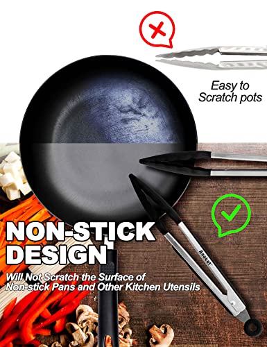 Non Stick Silicone Locking Tong Set of 3 (7+9+12 Inch / 3 Pcs Silicone - Black)