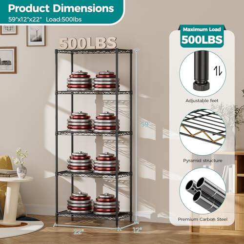 5 Metal Shelves Wire Shelving Storage Shelf Adjustable Unit Pantry (Black / 5 Tier 12"Dx22"Wx59"H)