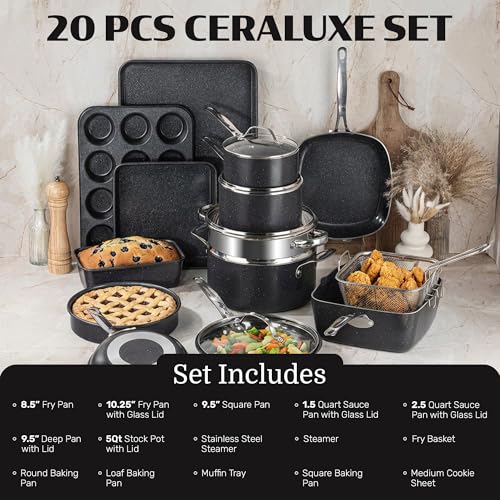 Ceraluxe 20Pc Pots and Pans Set Non Stick Ceramic Cookware Set (Black Speckle)
