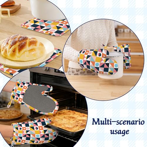 Oven Mitts and Pot Holders Sets Abstract Geometric Silicone Kitchen Mits Potholders Colorful Modern Art Heat Resistant 4Pcs Oven Gloves Hot Pads for Baking Cooking BBQ Grilling Home Decor (Abstract Geometric,colorful Modern Art)