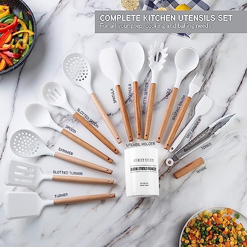Non Stick Silicone Utensil Set with Rounded Wood Handles for Cooking and Baking (14 Piece Set / White)