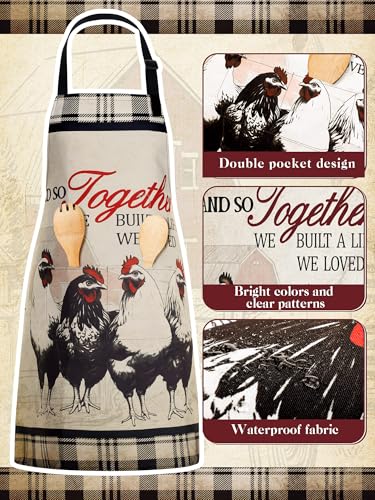 6 Pcs Rooster Aprons for Women with Pockets (Beige / Black and Red Farm Rooster)