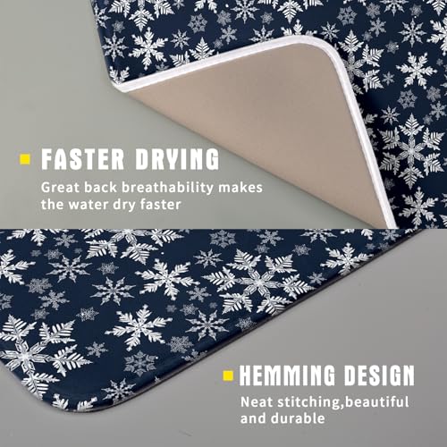 Christmas Dish Drying Mat for Kitchen Counter 18x16 Inch Xmas Snowflake Drying Mat with Absorbent Reversible Microfiber Blue Dish Drainer Mats Rack Pad for Coffee Countertop Protector (Blue / 18" x 16")