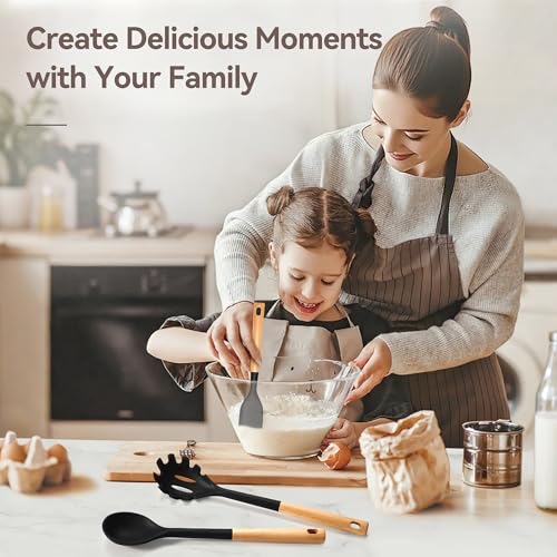 6 Pcs Silicone Kitchen Utensils Set Wood Handle BPA (Black-A / 6 Piece)