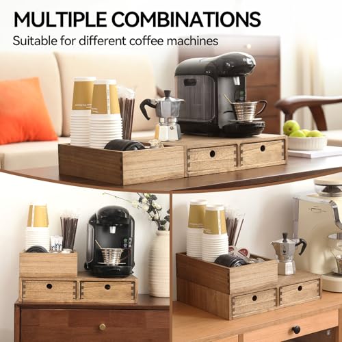 Wooden Coffee Station Organizer with Drawers (Dark Brown)