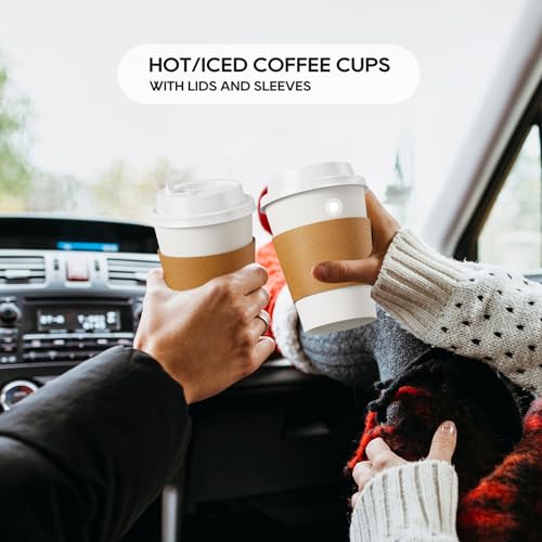 50 Pack 12 oz Disposable Paper Coffee Cups with Lids & Sleeves (12oz 50Pack)