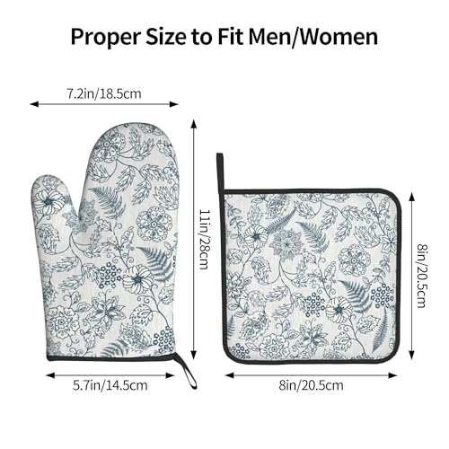 Blue Floral Oven Mitts Set (Vintage Blue White Floral)