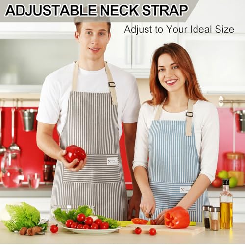 24 Pcs Aprons for Women Men with 2 Pockets Linen Cooking Kitchen Apron Adjustable Bib Chef Apron Bulk Aprons Unisex (Blue, Gray / Thin Stripes)