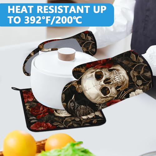 Halloween Skull Rose Crow Oven Mitts and Pot Holders Sets Heat Resistant 4Pcs Potholders Oven Gloves Hot Pads for Kitchen Baking Cooking Grilling BBQ (Skull Rose Crow)