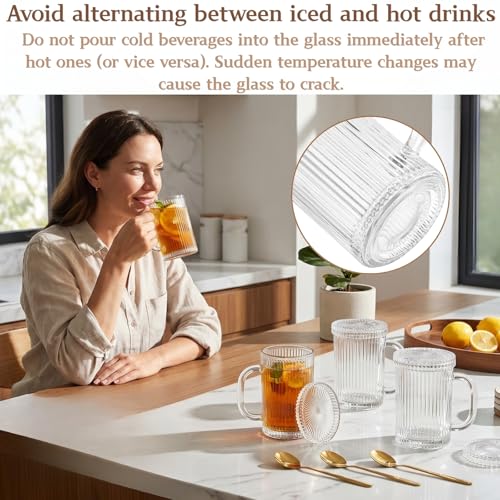 4 Pack Glass Coffee Mugs with Lid and Spoon