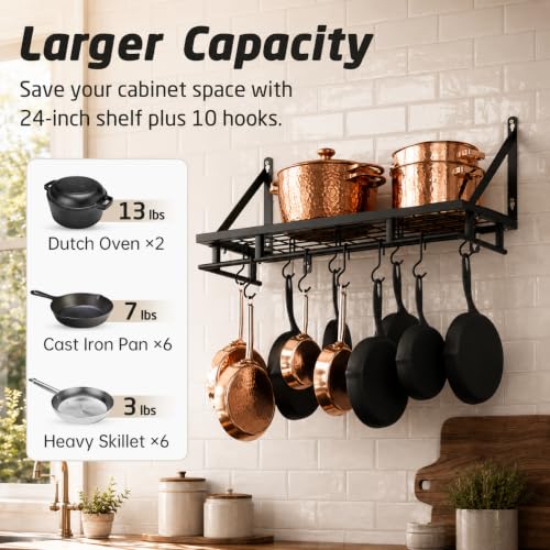 24 Inch Kitchen Pot Pan Rack Wall Mounted (Matt Black / 24 inch)