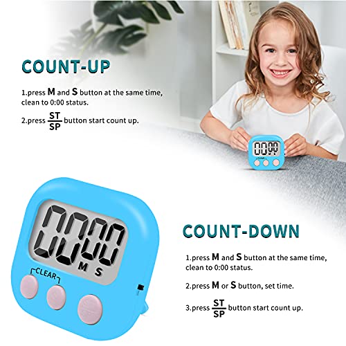 6 Pack Small Digital Kitchen Timer Magnetic Back and ON (Blue)