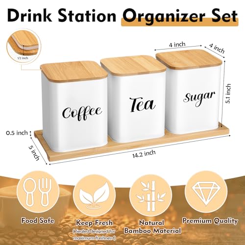 Coffee Tea Sugar Container with Tray Set of 3 Airtight Metal Canister with Bamboo Lid Tray for Kitchen Counter Dining Room Farm House Kitchen Style Drink Station Organizer Set (White)