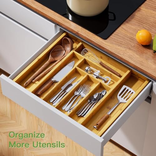 Bamboo Expandable Silverware Drawer Organizer (Natural / Large)