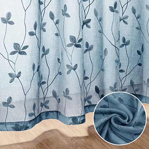 Cyan Blue Sheer Curtains Vine Embroidered (52"W x 84"L (Pack of 2) / Cyan Blue)