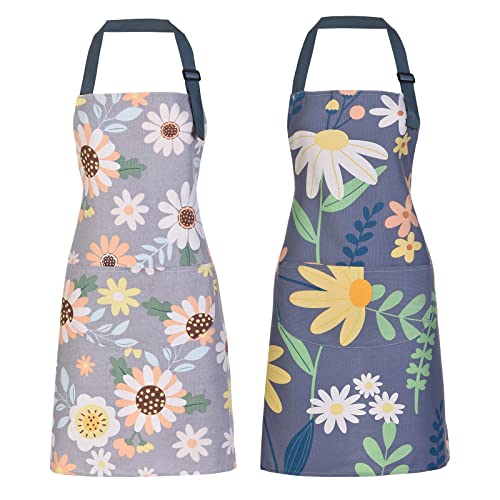 2 Pack Floral Apron for Women with Pockets (Green/Leaves)