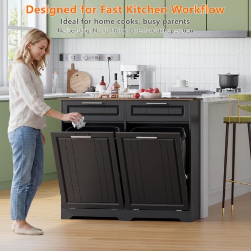 Double 10 Gallon Tilt Out Trash Can Cabinet with Deodorizing Function and Power Outlet (Black / 13.11"D x 40.16"W x 35.2"H(Double))