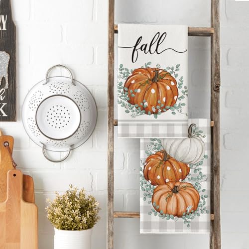 Pumpkin Leaves Fall Kitchen Towels Set of 2 18x26 Inch (Orange/White)