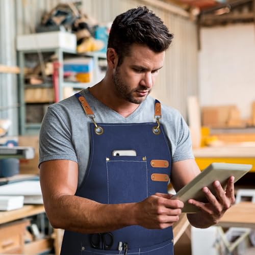 Chef Apron for Men Women Canvas Aprons with 3 Pockets Cross Back Resistant Work Apron for Cooking Grilling Baking BBQ Barber Kitchen (Dark Blue)
