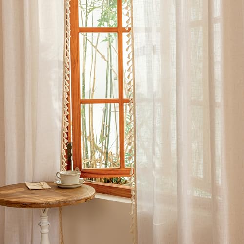Natural Boho Sheer Curtains with Macrame 63 Inches Length for Short Window Treatment