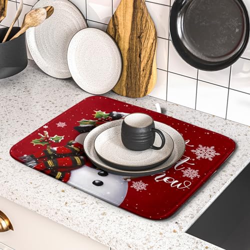 Christmas Dish Drying Mat for Kitchen Counter Snowman Let It Snow Microfiber Absorbent Dish Draining Reusable Washable Foldable 16"x18" (18" x 16")