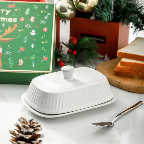 Hansense Porcelain Butter Dish with Lid for Countertop (Pure White)