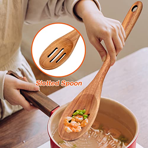 14" Long Teak Wood Utensils Set for Cooking Spatula Non Toxic Wooden Spoons (2 spoons+2 spatulas)