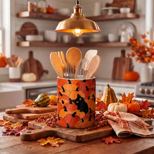 Fall Utensil Holder Black Cat Pumpkin for Fall Kitchen (Orange Pumpkin Cat)