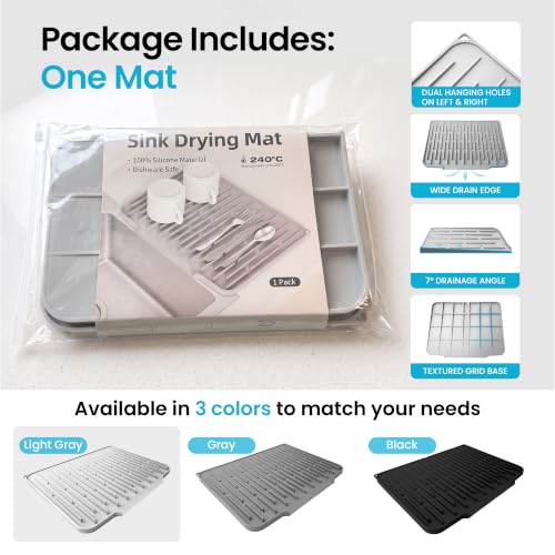 Foldable Silicone Dish Drying Mat for Kitchen Counter & Sink (Light Gray / 15.7" x 12.3")