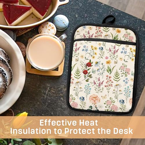 Beige Floral Botanical Pot Holders with Pockets (Wildflower-f)