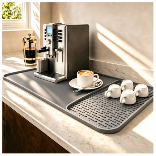 2 in 1 Extra Large 16"x28" Silicone Coffee Bar Mat Accessories Heat Resistant for Espresso Machine with Detachable Dish Drying Rug Waterproof Kitchen Office House Home Cafetera Must Have (Gray / 28" x 16")