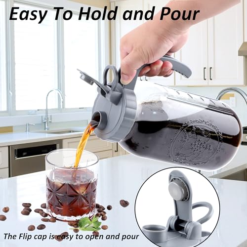 Cold Brew Coffee Maker 64 OZ Mason Jar Cold Brew Pitcher With Infuser 2 Quart Wide Mouth Iced Coffee Maker With Pour Spout Lid And Handle Half Gallon Airtight & Leakproof Pitcher For Fridge (64 Ounces)