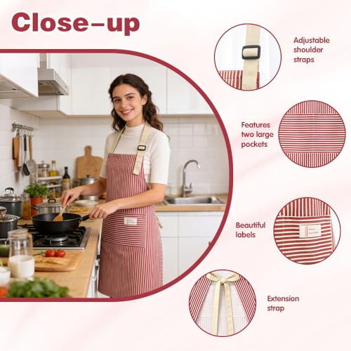Aprons For women With Pockets Aprons For Soft Apron With An Adjustable Neck Strap (Fine Green Stripes + Fine Red.)