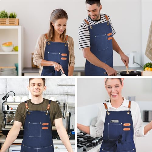 Chef Apron for Men Women Canvas Aprons with 3 Pockets Cross Back Resistant Work Apron for Cooking Grilling Baking BBQ Barber Kitchen (Dark Blue)