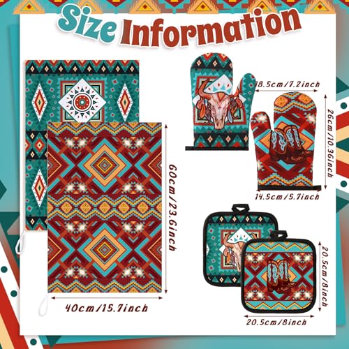6 Pcs Kitchen Decor Set Accessorie Farmhouse Kitchen Towels Pot Holders Oven Mitts Set 2 Dish Towels 2 Pot Holders 2 Cooking Mittens Oven Glove for Cooking (Retro Color / Western Boho Aztec))