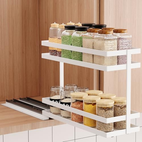 Pull Out Spice Rack Organizer for Cabinet (White(Metal))