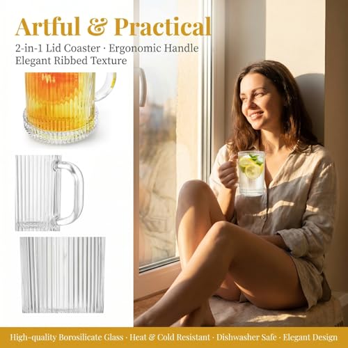4 Pack Glass Coffee Mugs with Lid and Spoon
