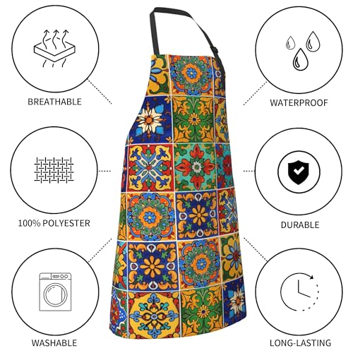 Mexican Tiles Chef Apron with 2 Pockets Adjustable Chef Aprons for Men Women Cooking Baking (33" x 28"(Pack of 1) / Mexican Tiles Coloful)