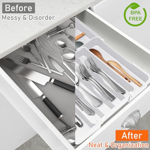 Adjustable Silverware Drawer Organizer (White / M(9.5-15.2"W x 12.6-19"D))
