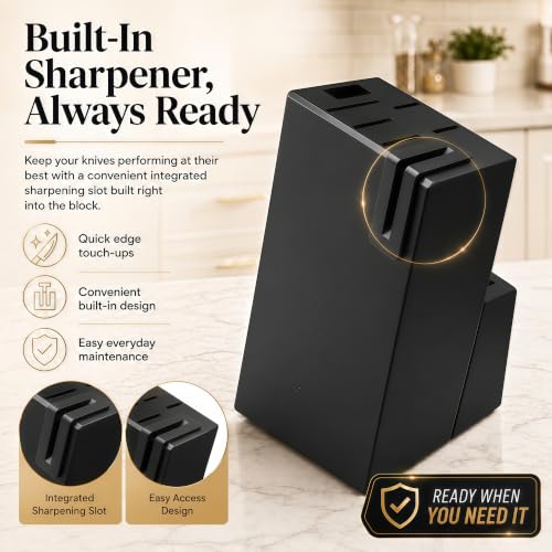 14 Piece Black Kitchen Knife Block Set with Built (Black)