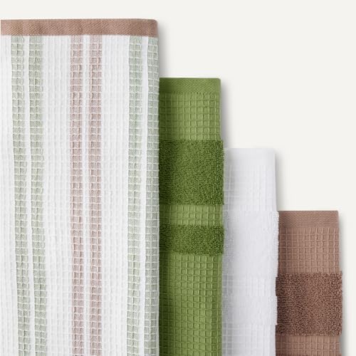 Organic Cotton Waffle Kitchen Dish Towels (2pc Olive Light/Brown Strip, 2pc Brown, 1pc Olive, 1pc White / 15 x 25 inches)