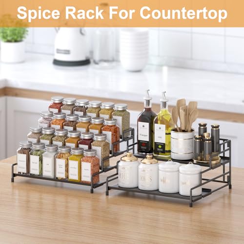 4-Tier-Spice-Rack-Organizer-for-Cabinet, Adjustable Depth Spice Holder Shelf For Countertop Pantry Cupboard, Metal Tiered Seasoning Organizer,Display Shelf Riser (Black-1 Pack) (Black-1 Pack)