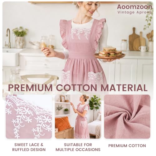Vintage Aprons for Woman with Pockets Cute Lace Ruffle Adjustable Apron for Cooking Kitchen Baking Gardening (Pink)