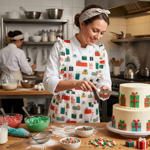 Women Cotton Apron Ruffle Adjustable Strap with Pocket (Gift Box)