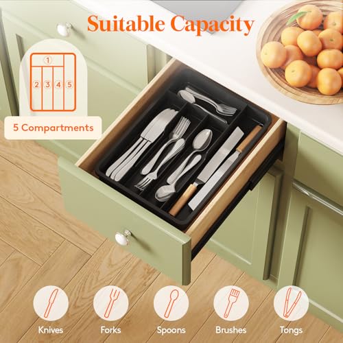 Silverware Drawer Organizer Tray (Black / 9.5 x 13.4 inch (5 Slots))