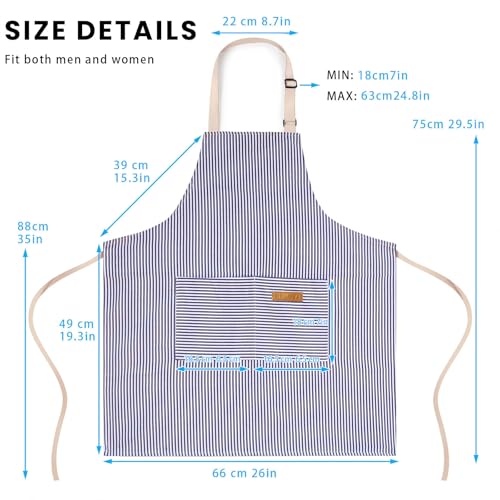 2 Pack Adjustable Bib Apron with 2 Pockets Chef Cooking Kitchen Restaurant Aprons for Women Men (Blue Pinstripes)